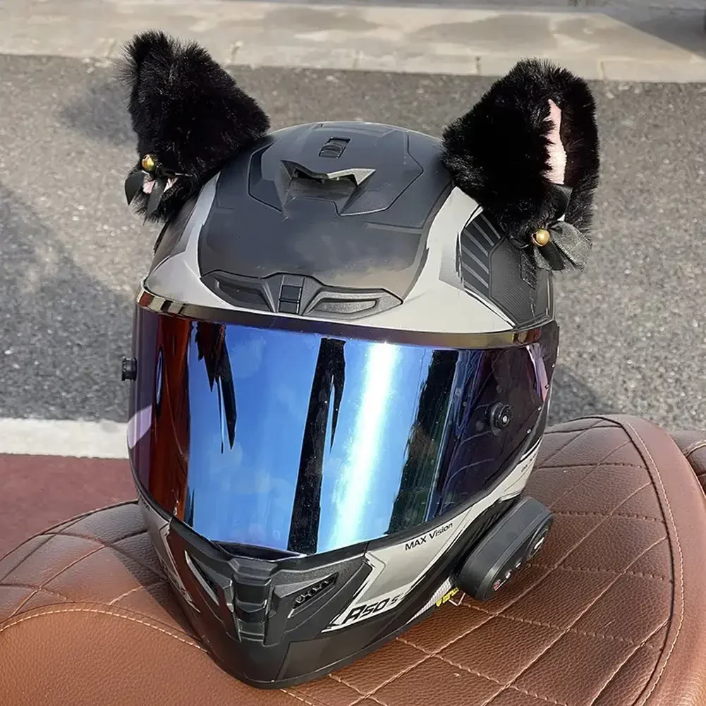 2 szt. Uniwersalny kask motocyklowy dekoracja z uszami kota śliczny kask motocrossowy Cosplay pluszowe naklejki pełna twarz Off kask wystrój