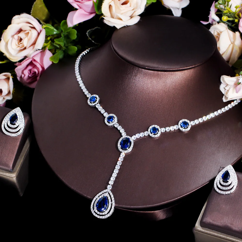 CWWZircons Dangle Water Drop Royal Blue African Cubic Zirconia Bride Jewelry Sets for Women Wedding Necklace and Earrings T623