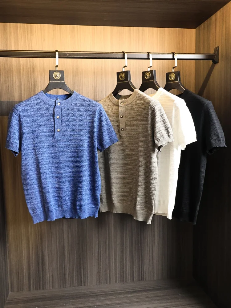 

High-End Texture Fabric Line Spring Summer Men's Color Skin-friendly Versatile round Ne Knitted ort Sve...