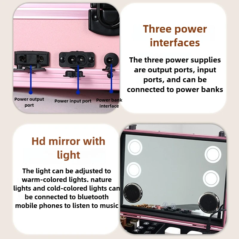 Foldable Rolling Makeup Case Movable Makeup Table LED Mirror Bluetooth Drawers Cosmetic Box Organizer Professional Storage Case