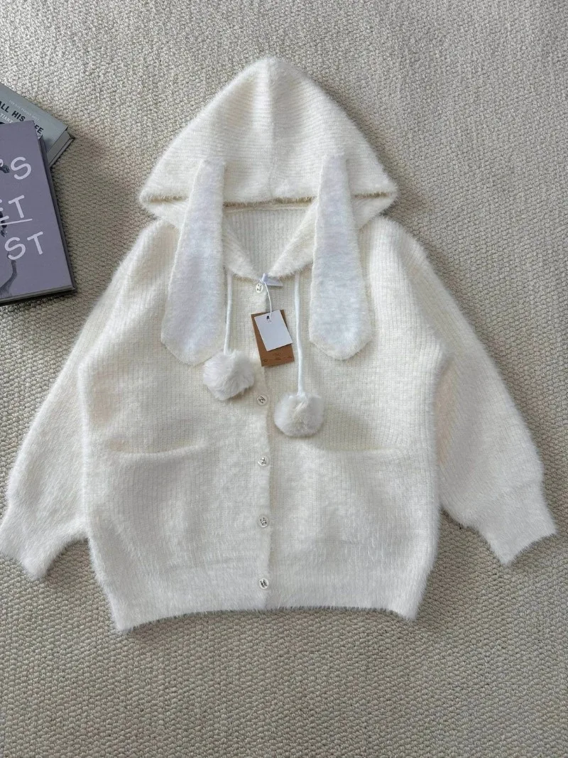 Kimotimo Autumn Winter Rabbit Ears Hooded Knit Sweater Women Cute Loose Button Long Sleeve Cardigan Y2k Simple Lazy Jumper Tops