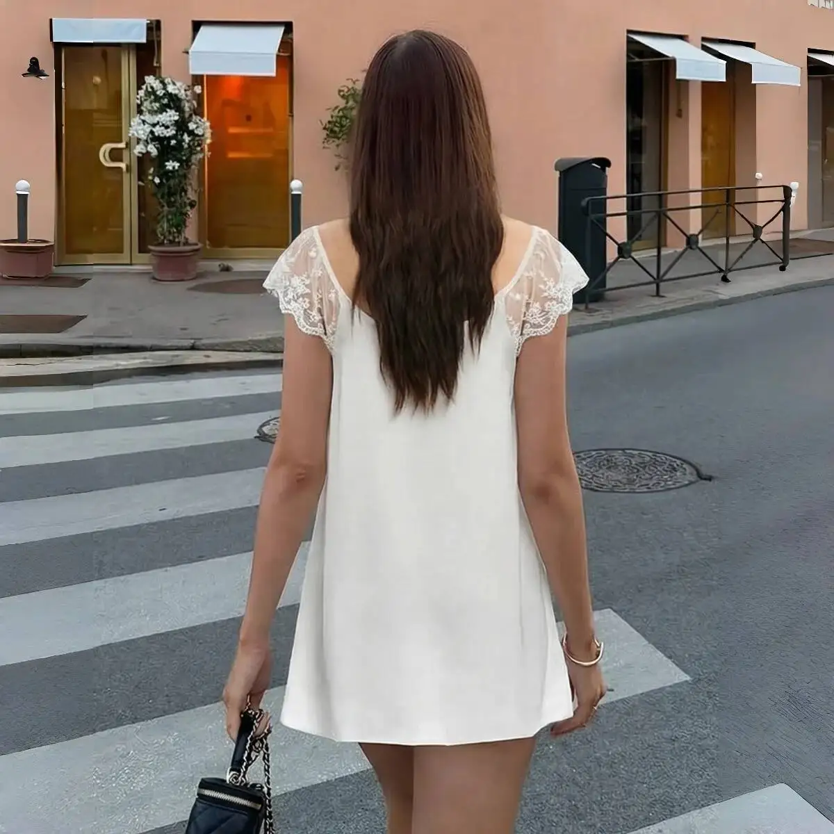 Apprabant feminino renda guarnição casual tanque mini vestido retalhos cetim pescoço quadrado rendas sólido sexy sem costas férias solto vestido de verão