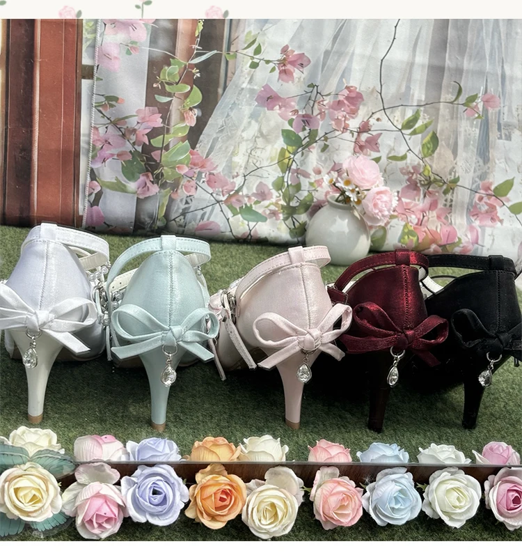 Sweet Girl Japanese Original Lolita High Heels Bowknot Pearl Pointed Toe Stiletto Versatile Mary Jane Shoes