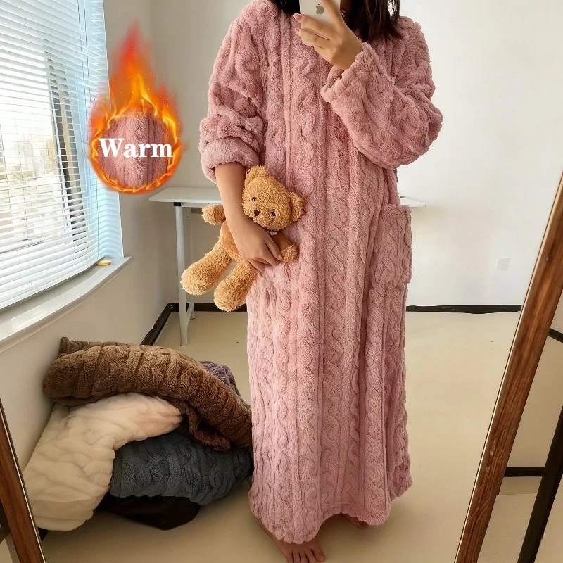 

Women Coral Fleece Sleepwear Autumn Winter Thickened Warm Loose Long Robe Pajamas Homewear Casual Outerwear Nightgown