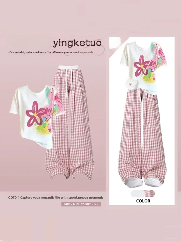 

Summer Dopaamine Sweet Gentle Girl Style Set Women Anti-Aging Color Collision Short Sleeve T-Shirt Plaid Casual Pants Outfit