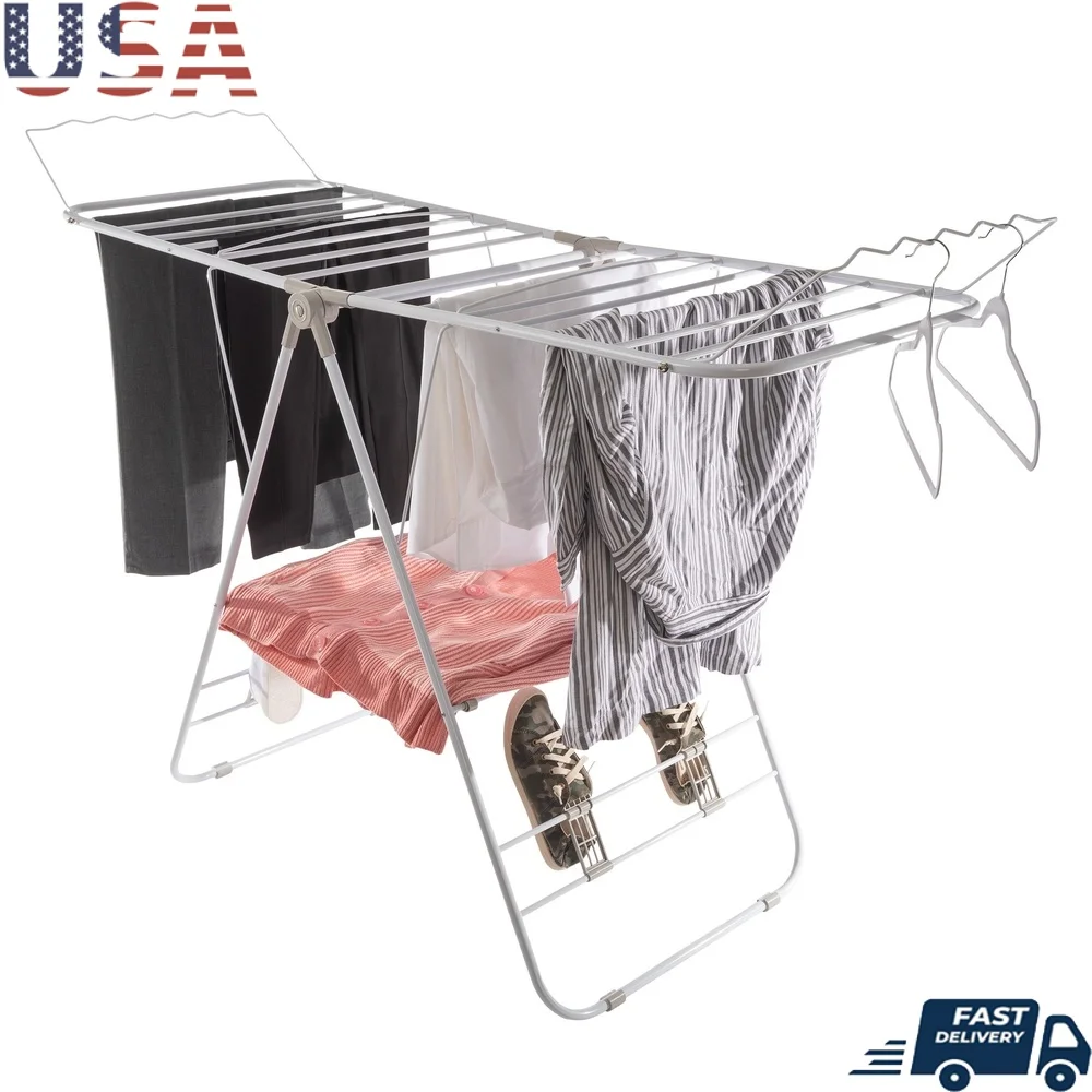 

Folding Clothes Drying Rack Indoor Outdoor Aluminum Multipurpose Laundry Organizer with Wings Shoe Drying Mesh Rack
