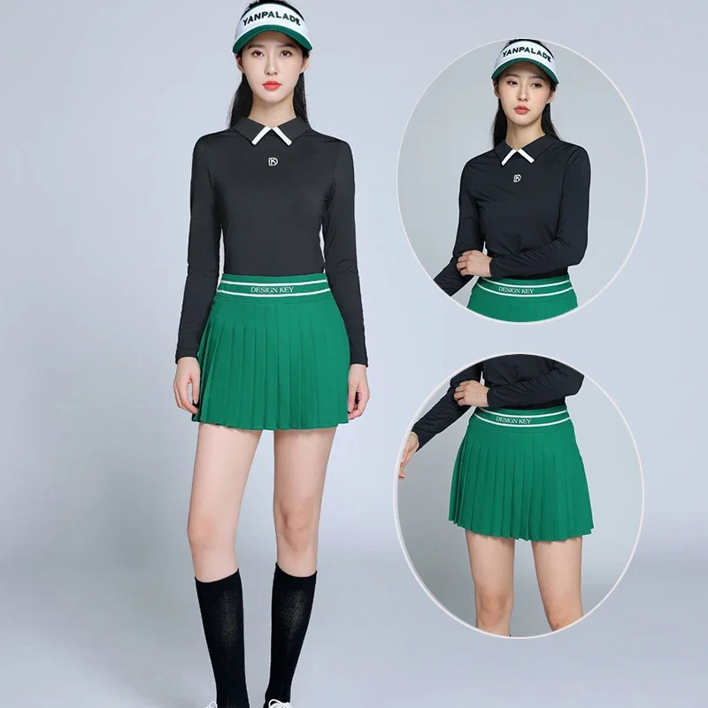 DK Lente Golf T-shirt met lange mouwen Dames Poloshirt met rits Terug Ademende tops Plooirok Anti-blootstelling Groene Skort-pakken