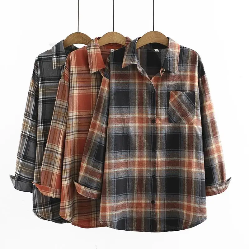 Womens Plus Size Shirts Casual Clothing Autumn Winter Contrast Color Plaid Vintage Casual Long Sleeve Cotton Blouses