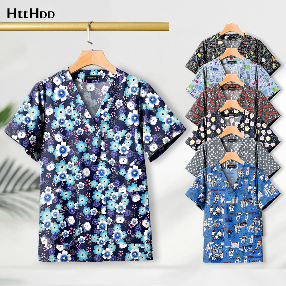 Healthcare Pharmacy Medical Scrub Printed Women Cotton High Quality Uniform Hospital Nurse Work Clothes Unisex Blouses Wholesale