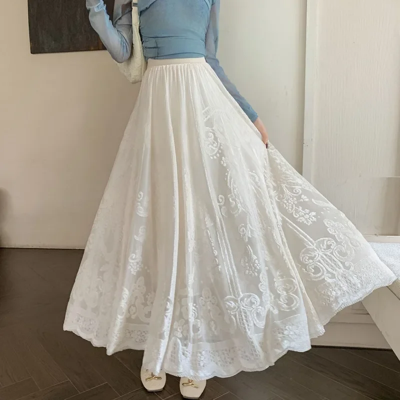 

Korean Fashion Long Skirts Women Lace Embroidery Hollow A-line Elastic High Waist Faldas Ajustadas Female Tulle Skirt Dropship