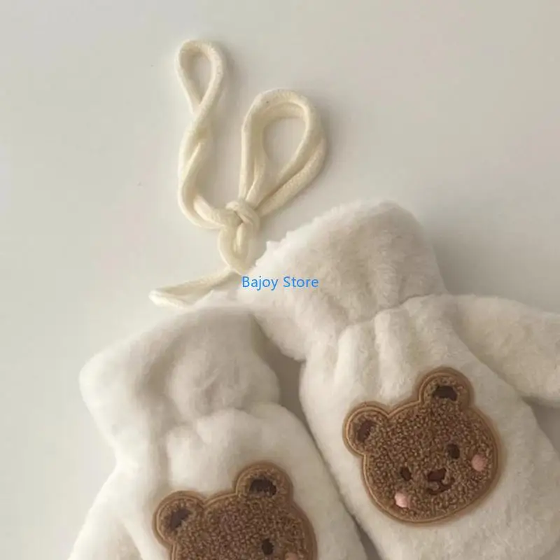 

63HE Bear Pattern Kids Plush Gloves Warm Hand Muffs Stylish Winter Mittens Cartoon Baby Full Finger Gloves for Infants