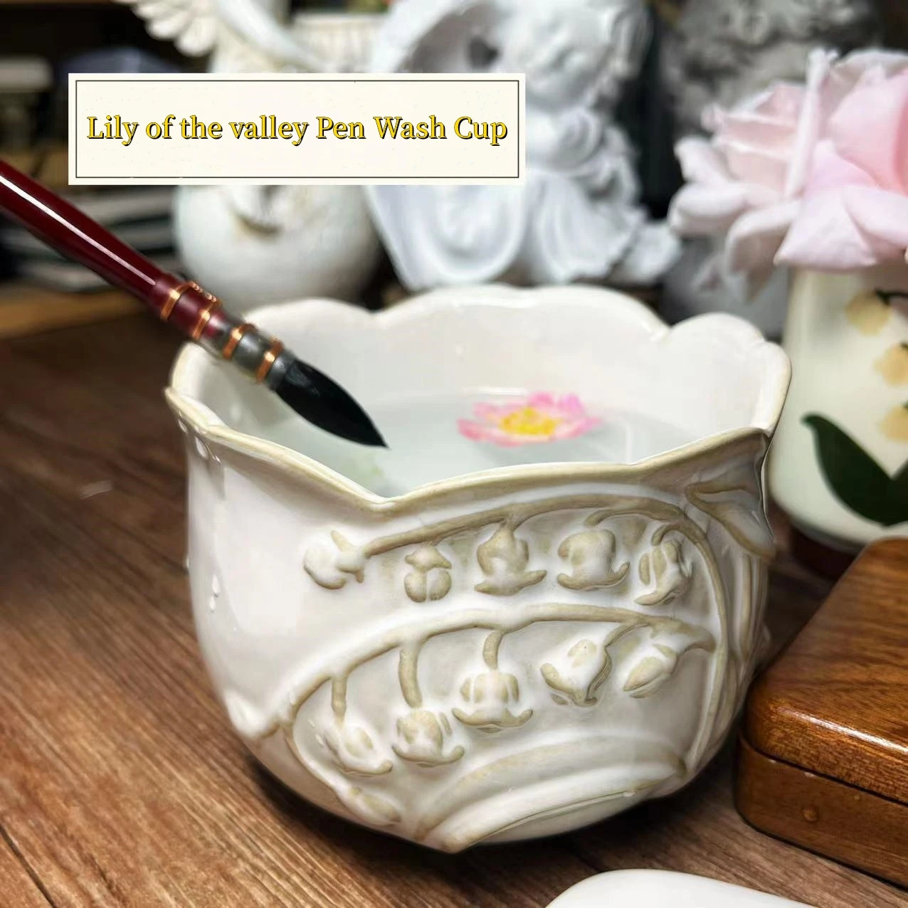 

Lily of the valley Pen Wash Cup Ceramics Paint Brush Washer Vintage Ceramic Paint Brush Washer Art Supplies For painting