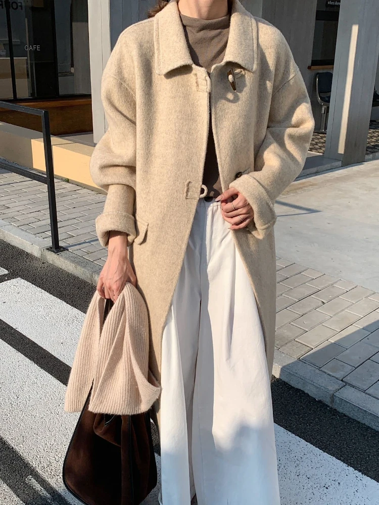 

Серое шерстяное пальто, корейский дизайн, однобортное женское двустороннее шерстяное пальто, осень-зима, шикарная длинная куртка с лацканами, верхняя одежда