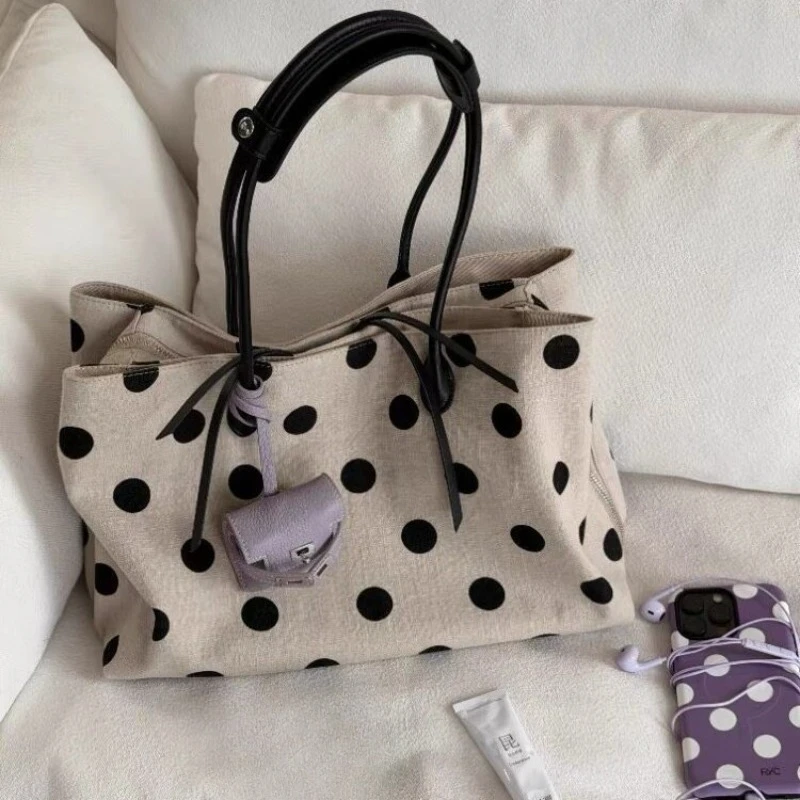 2026 New Arrival Large Capacity Linen Polka Dot Tote Bag for Women Premium Minimalist Commuter Shoulder Handbag