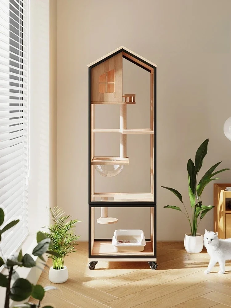 TTS Cat villa household indoor does not occupy an integrated cat litter box panoramic solid wood  cabinet cat cage