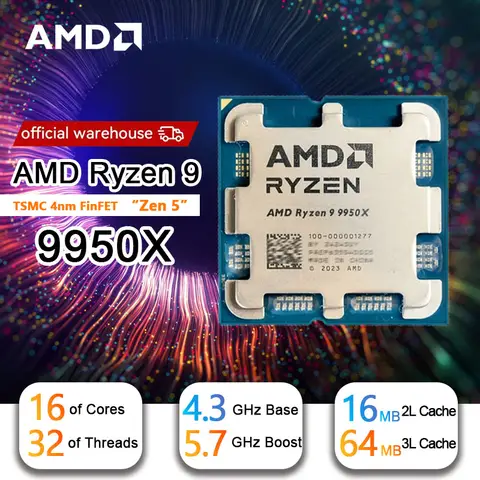 AMD R9 9950X Ryzen 9 9950X New Processor 5.7GHz 16-Core 32-Thread 80MB Game Cache 4NM TDP 170W Socket AM5 Gaming CPU Zen 5