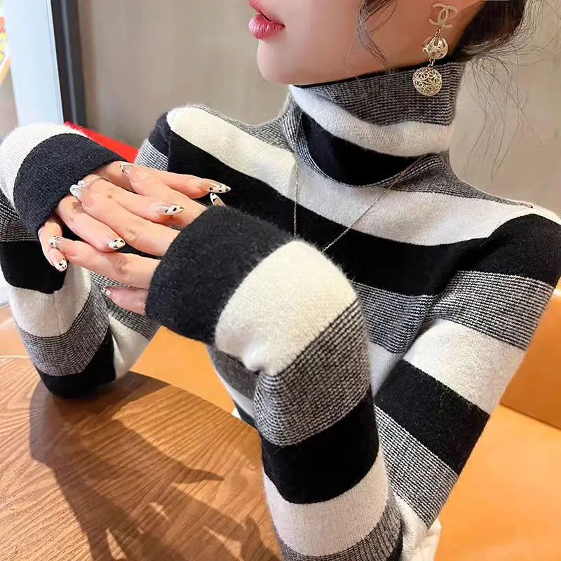 Women Clothing Vintage Striped Turtleneck Sweaters Autumn Winter New Fashion Elegant Elastic Slim Soft Wool Knitted Pullovers