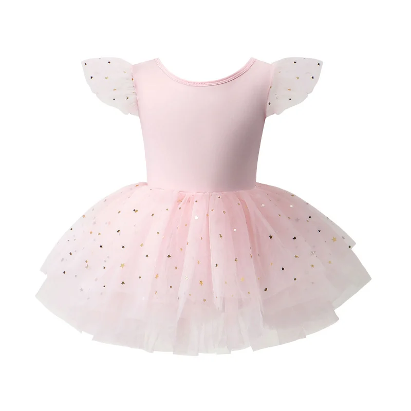 

Printed Half-Sleeve Mesh Ballet Dress with Flutter Sleeves, Children's Dress, Girls' Princess Dress with Back Bow, Dance Dress