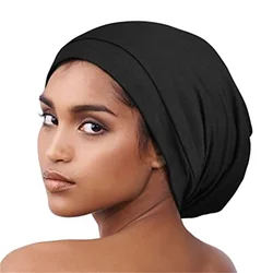 2023 Trendy Women Stretchy Beanie Hat Satin Lining Chemo Cap Muslim Headwear Cotton Turbante Bonnet Ladies Hair Accessories