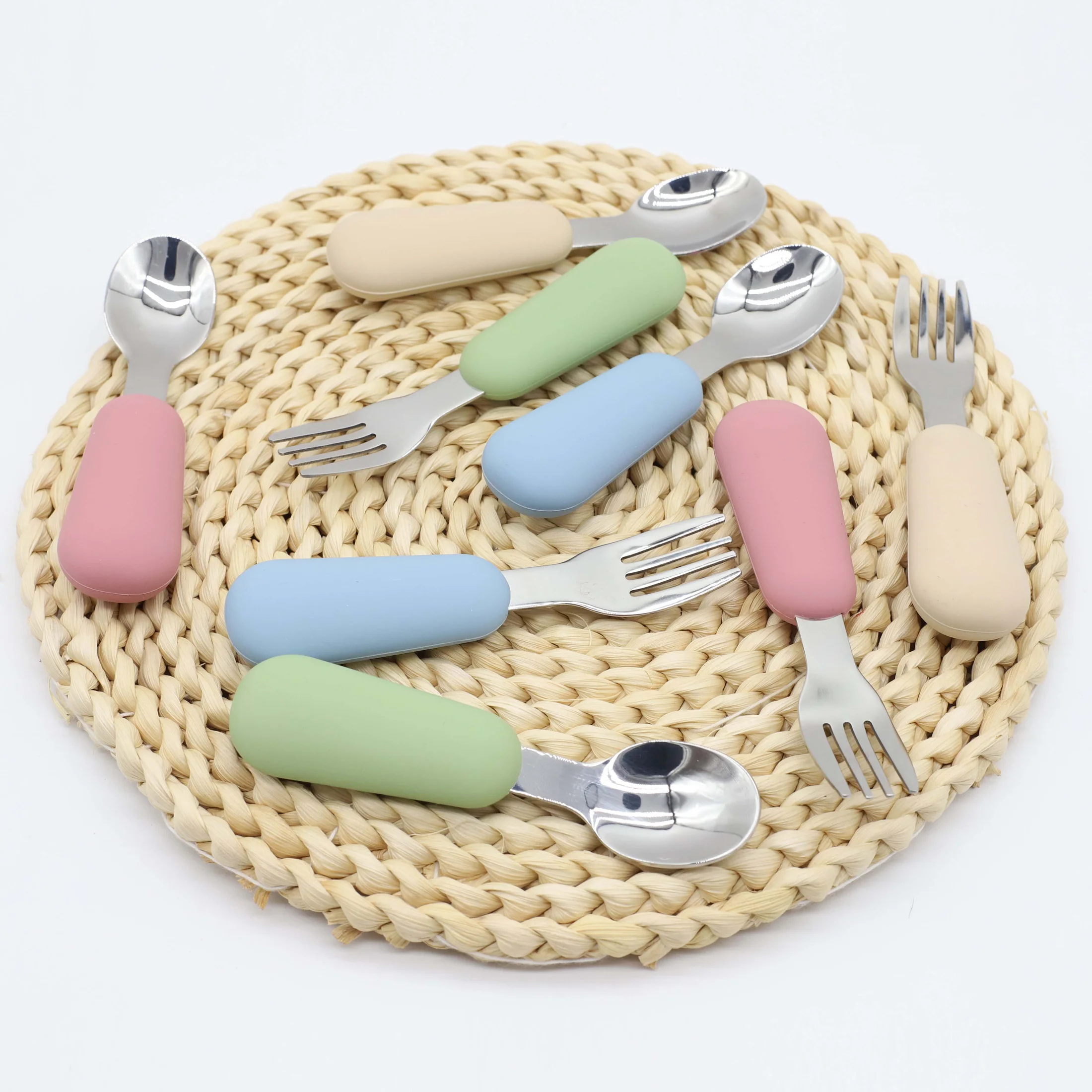 Silicone stainless steel spoon fork food grade 304 stainless steel easy to grip silicone handle baby food feeding spoon fork