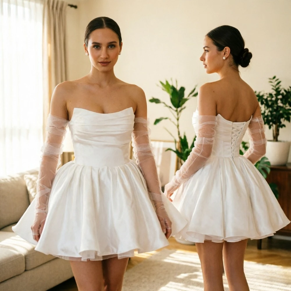 Customized Light Luxury Off Shoulder Satin Mini Wedding Dresses 2026 Elegant Sweetheart Fold A-line Short Bridal Gown Lace Back