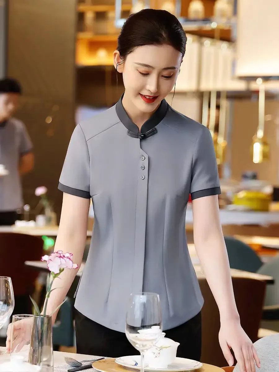 ケータリング半袖ウェイトレス作業服コーヒーショップ洋食レストラン従業員制服鍋作業服トップとエプロンセット