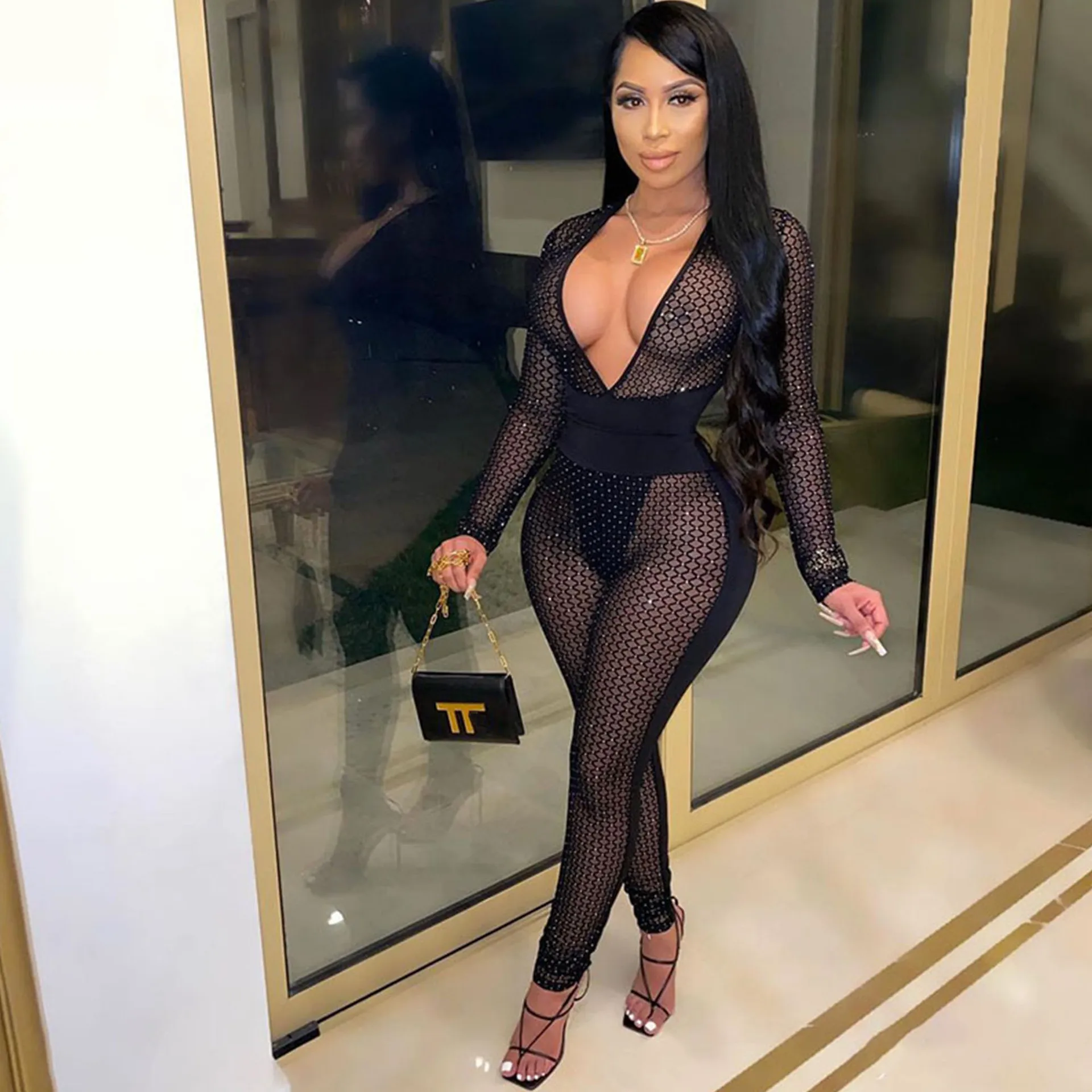 Black Deep V Neck Sexy Jumpsuits Long Sleeve Bodycon Mesh See Through Diamond Elegant Rompers Nightclub Party Women Long Pants