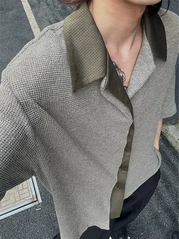 

Knitted Short-sleeved Shirt Men's Summer Seven-quarter-sleeved Fake Two-piece Collar Casual Shirt