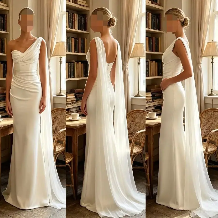 Customized 2026 Single Shoulder Satin Mermaid Wedding Dress with Pleated Shawl and Backless Minimalist Bridal Gown for Ceremony