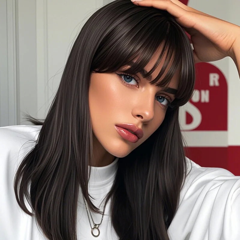 Long Bob Straight Wigs with Bangs Synthetic No Lace Black Hair Natural Wigs