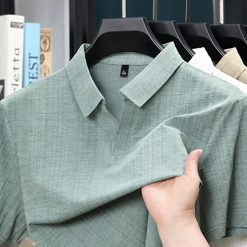 V Notch Placket Mens Short Sleeve Polo Soft Woven Cloth Home Leisure Daily Errands And Casual Street Shopping Basic Tops