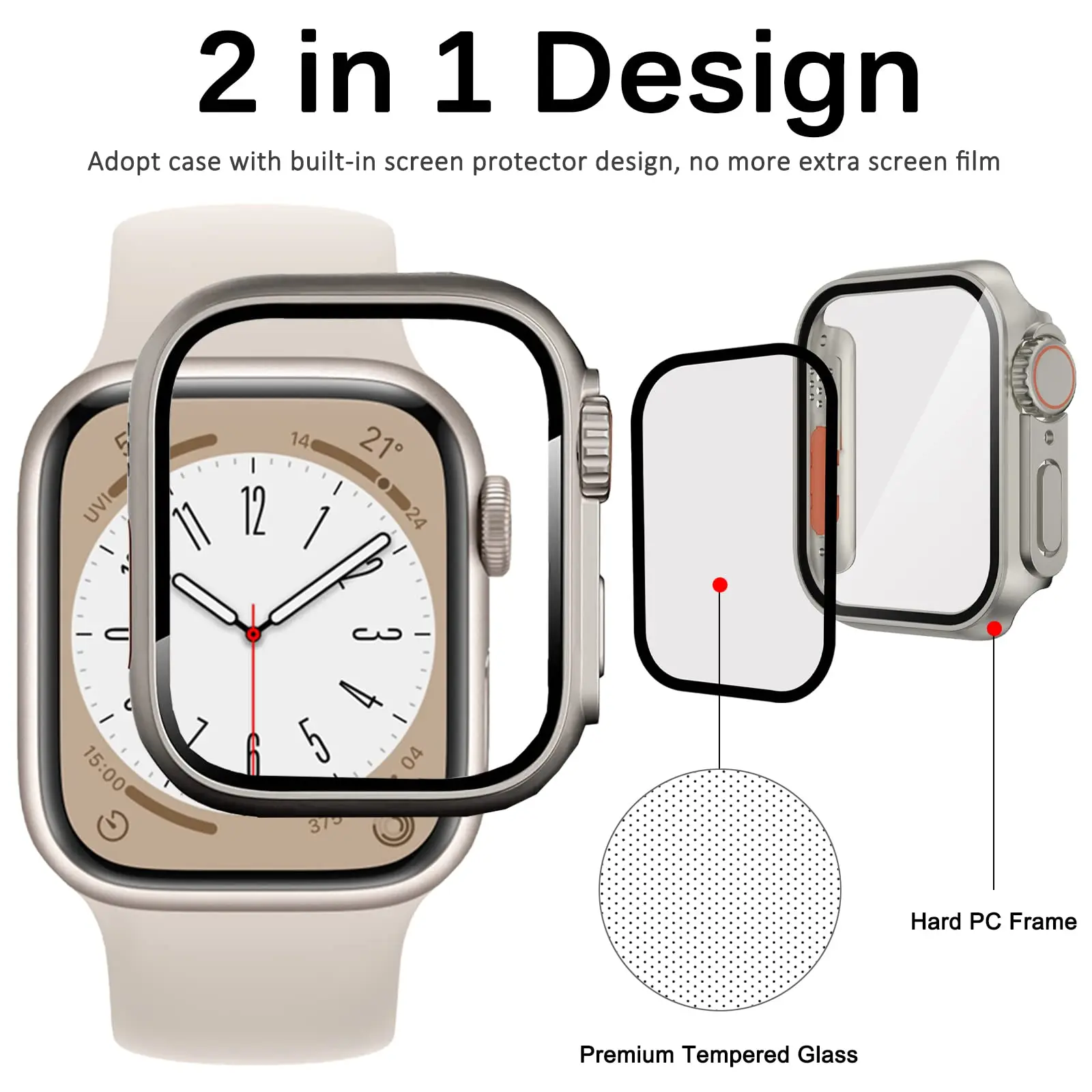 2-in-1 Case Cover For Apple Watch 44mm 40mm 45mm 41mm PC Screen Protector With Film Turning into Ultra iWatch series 8 7 6 5 se view 2