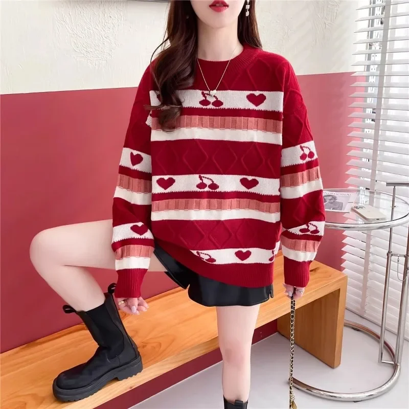 DAYIFUN-Round Neck,Cherry Knitted Pullovers Women,Long Sleeve,Underlay Sweaters,2024 Autumn/Winter,Casual,Loose,Jumpers Female