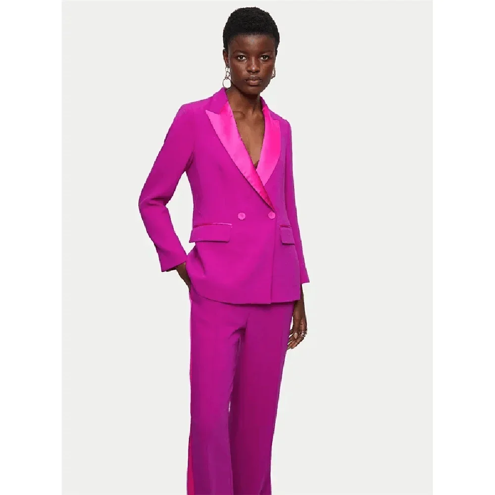 Traje femenino rosa de moda de dos piezas (chaqueta + pantalones), vestido de noche de graduación con doble botonadura, ropa de invitados de boda