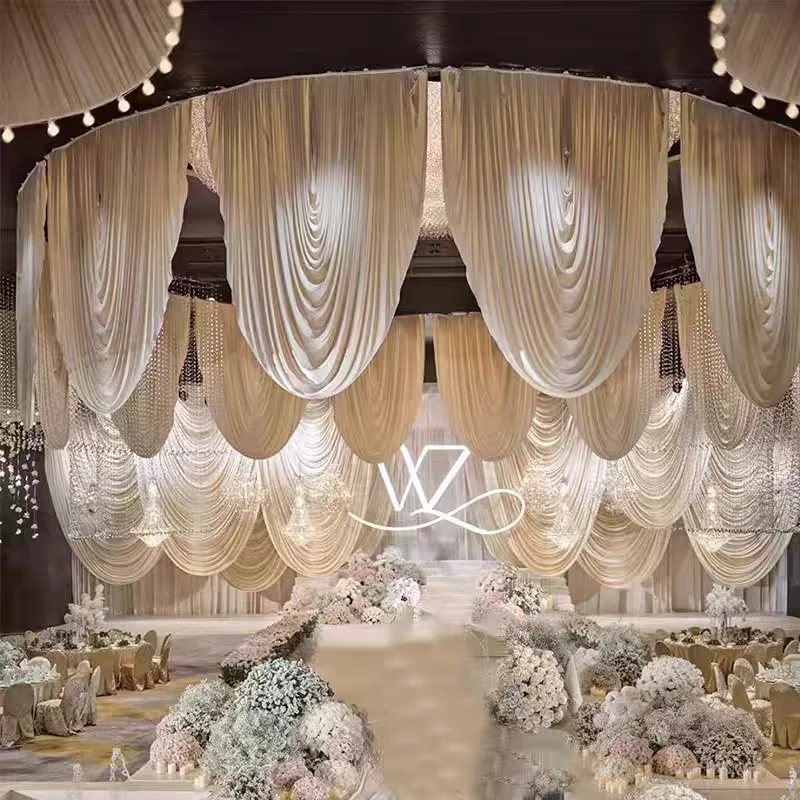 

4PCS Wedding Milk Silk Backdrop Stage Drapes Semi-Circular Theater-Style Curtain Wave Base Design for Wedding Decorations