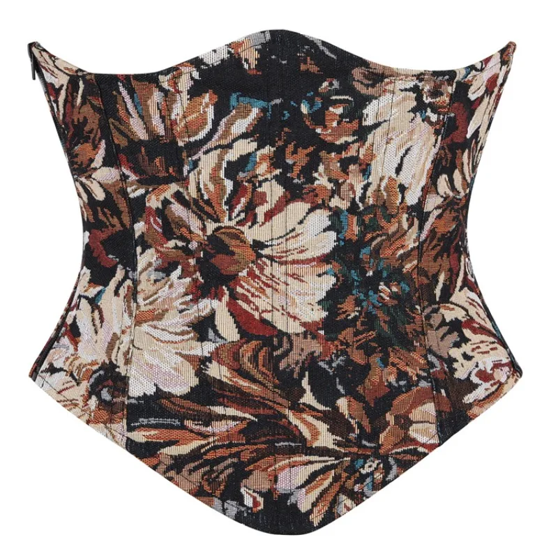 Ladies Oil‑painting Floral Jacquard Corset Top Strapless Fish‑Bone Waist Trainer Side Zip Slim Fit Retro Party Body Shaper