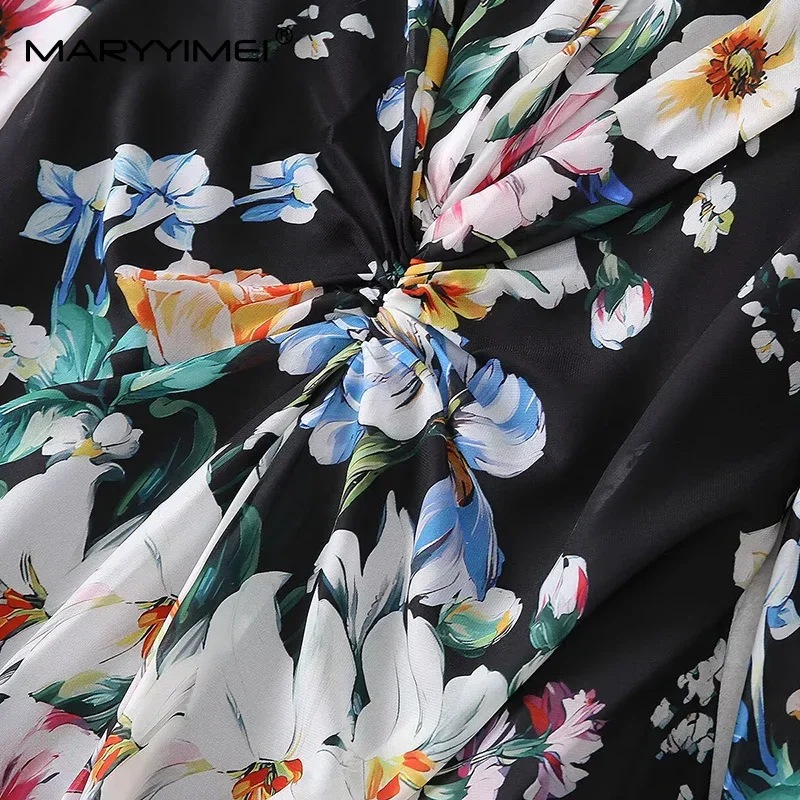 MARYYIMEI Women's Elegant Party Prom Dress Autumn V-Neck Long-Sleeved Floral-Print Lace-Up Slim Fashion Dresses