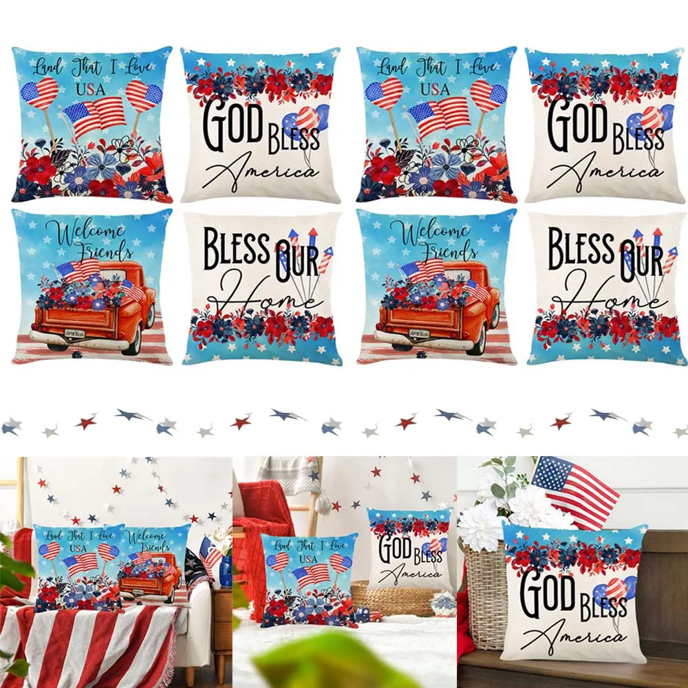 

4Pcs Independence Memorial Day Pillow Case with USA Flag Truck Patriotic Throw Pillow Covers Decor for Home Sofa Couch Set