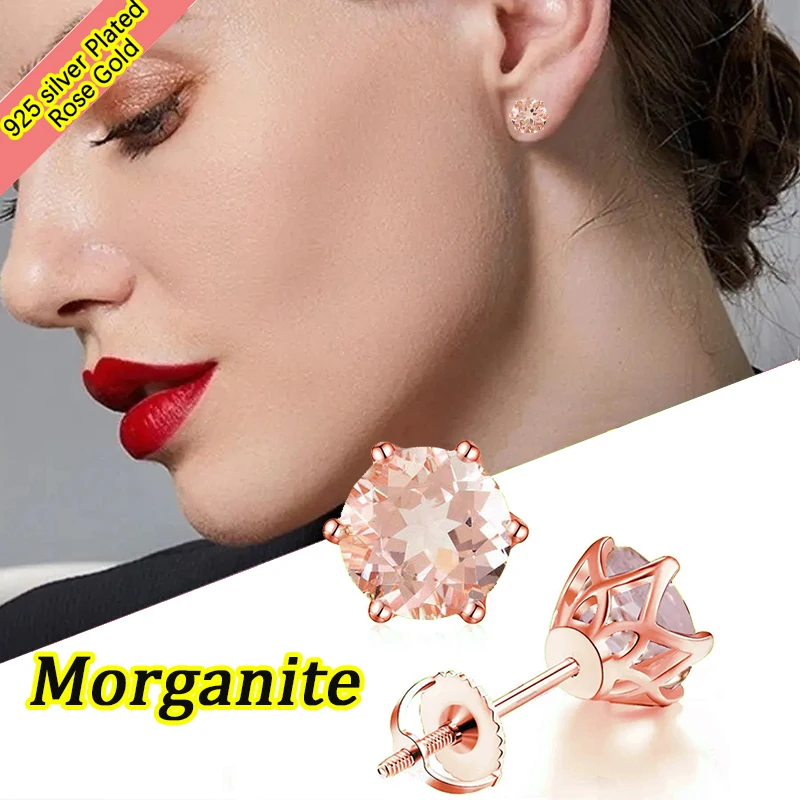 100% S925 silvery morganite sapphire peach morganite  screw back 6 prong stud earring for women golden plated  golden plated