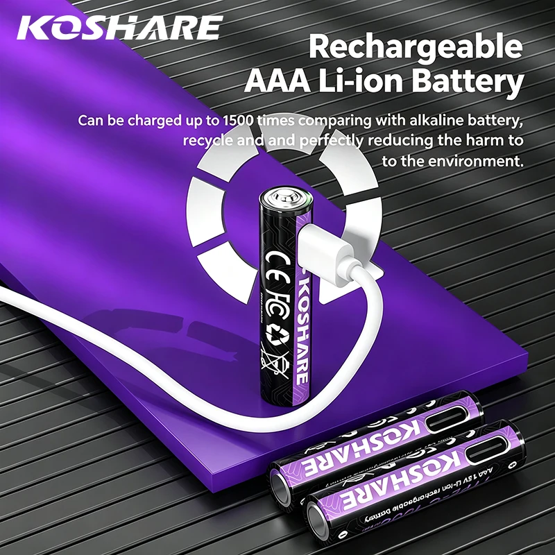 KOSHARE Type-C Rechargeable Batteries AAA AA High Capacity 1000mWh 4255mWh 1.5V Constant Voltage Lithium Battery For Alarm Clock