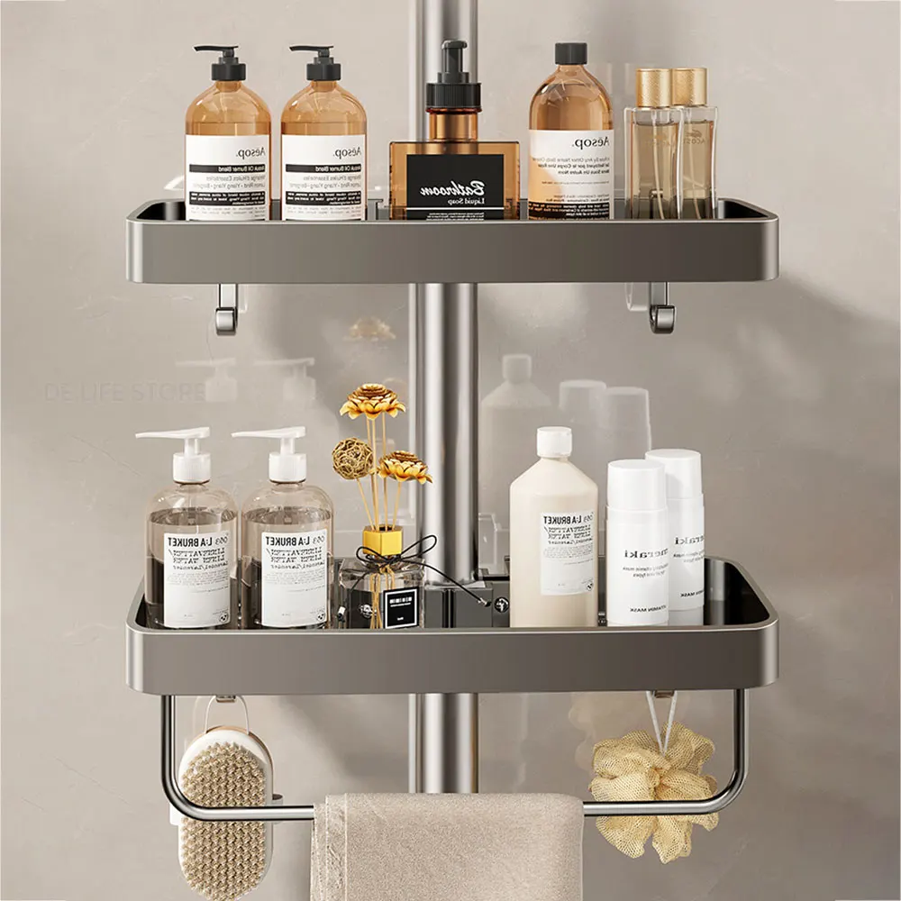 Shower Tray Without Drilling Aluminum Bathroom shelf Shower Shelf With Towel Rack Shampoo Holder Bathroom Accessories