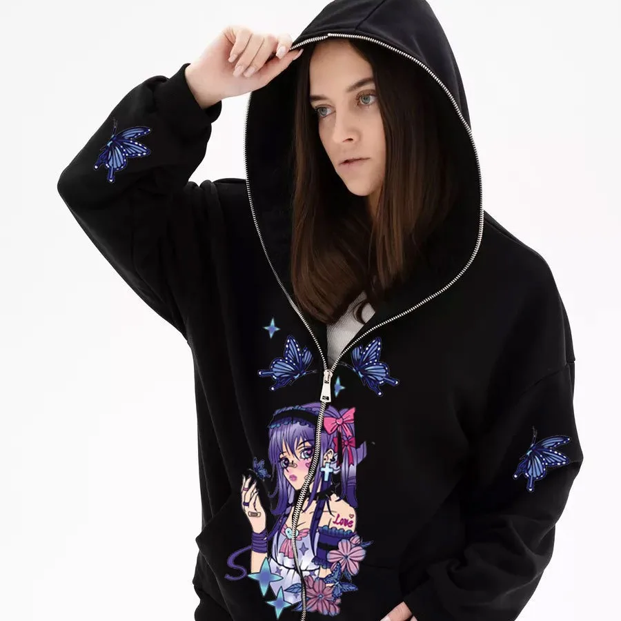 Dark Hip Hop Gothic Cartoon Zipper Hoodies Harajuku Y2K Butterfly Zip Up Hoodie Men Women Harajuku Trend Autumn Sweatshirt Coat