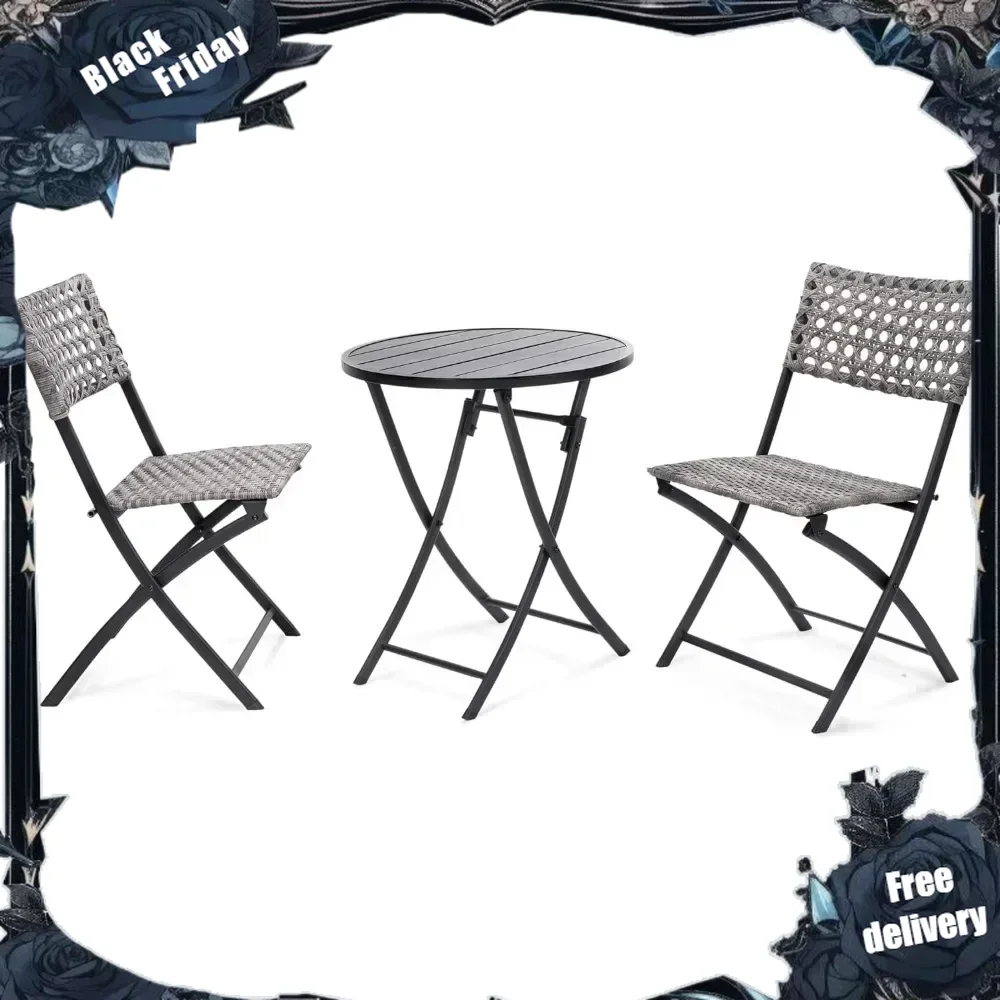 3 Pc 3 Piece Folding Outdoor Bistro, Wicker Furniture Table and Chairs for Garden, Backyard, Porch, Patio Conversation Set