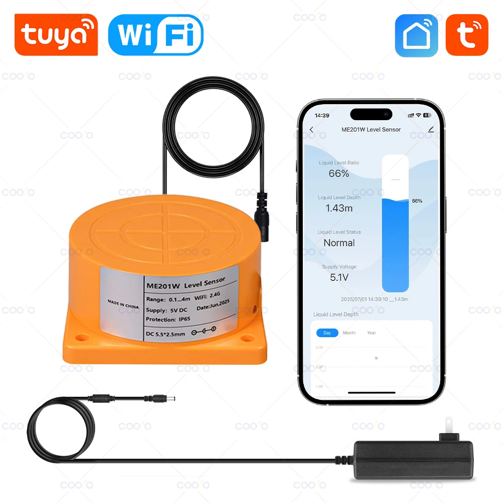 Tuya WiFi Ultrasonic Liquid Level Sensor Remote Water Tank Fuel Oil Level Detect Controller Smart Life App Real-time Alarm
