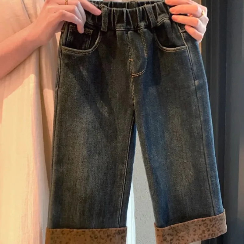 

Girls' Velvet Jeans Thick Velvet Winter Clothing New Children's Leopard Pattern Fashionable Wide Leg Pants