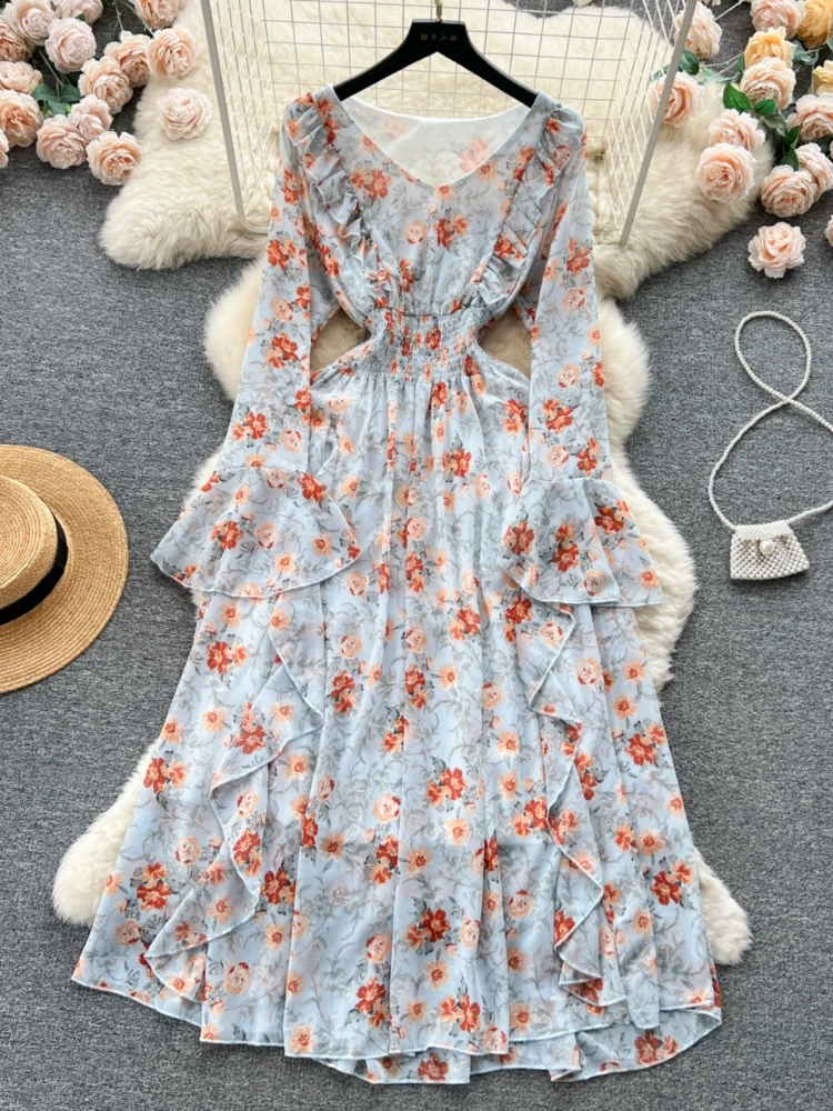 Vestido Floral de manga larga para mujer, traje de gasa con borde de loto, ajustado, para vacaciones, primavera y otoño, novedad de 2024