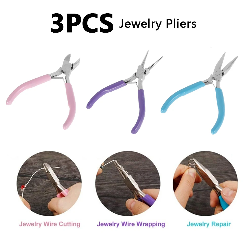 

3 Pcs Mini Jewelry Beading Pliers Kit Carbon Steel Jewelty Making Repair Tools Ergonomic Non-slip Handles for DIY Craft Supplies