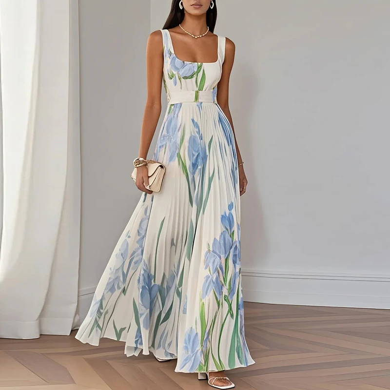 New Women's Sleeveless Straps Summer Dress Elegant Floral Print Pleated Long Dresses Spring Square Collar High Waist Party Dress - Image 5