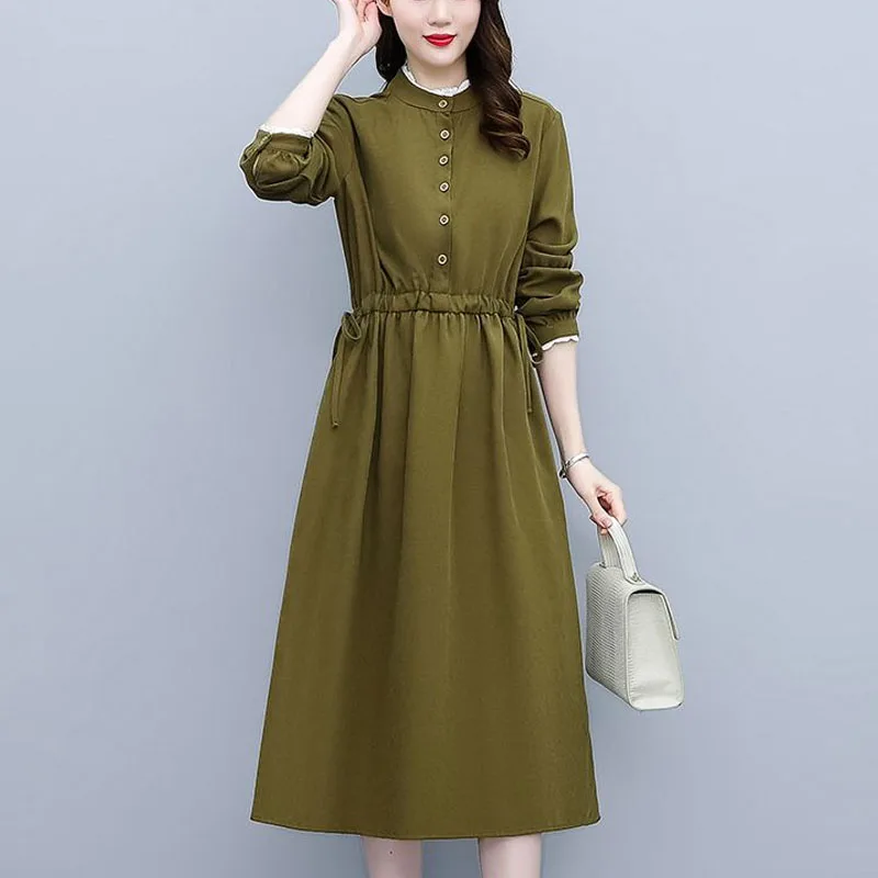 

Spring Autumn New Women's Pullovers O-Neck Shirring Tie Flowers Fashion Slim Long Sleeve Shrink Your Waist and Appear Thin Dress