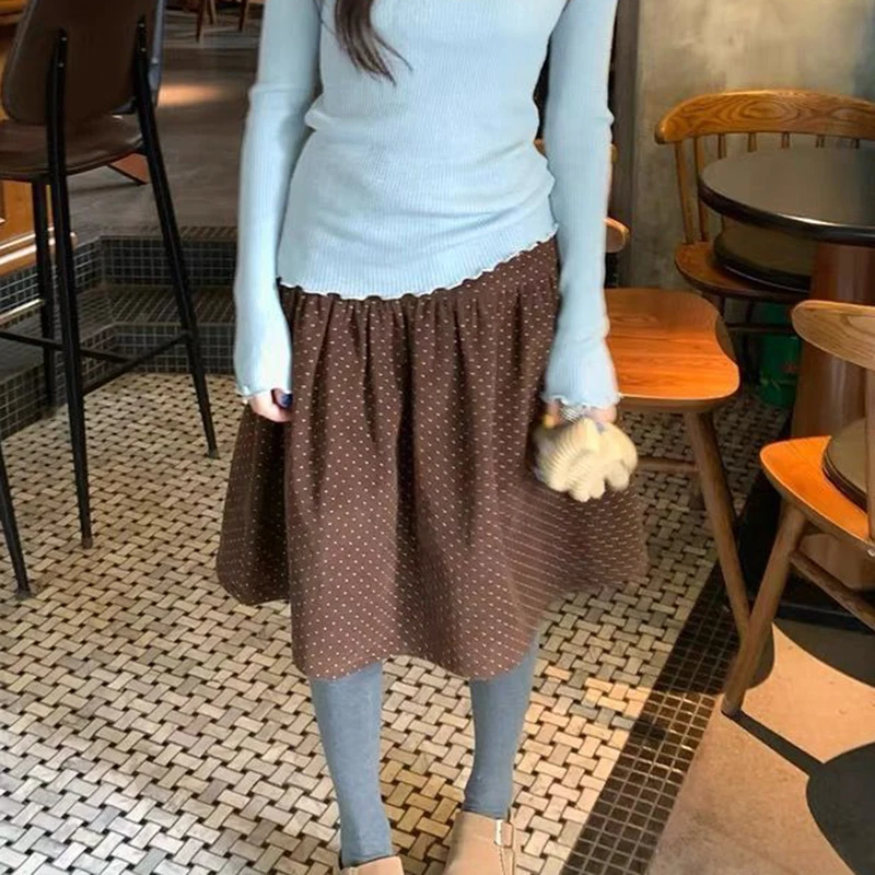 コーデュロイ水玉ミディスカート レディース ヴィンテージ ハイウエスト ボタン 秋冬スカート 原宿 Aライン オールマッチ カジュアル レトロスカート